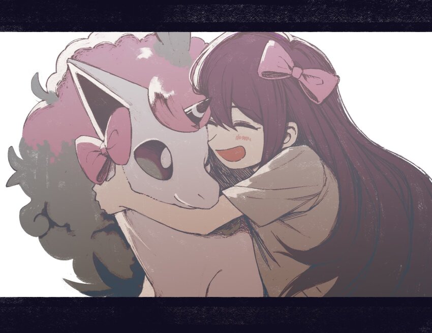 1girl aged_down aubrey_(faraway)_(omori) aubrey_(omori) black_hair blue_shirt blush bow closed_eyes galarian_form galarian_ponyta gen_8_pokemon hair_bow highres letterboxed nintendo o_oquo omori open_mouth pink_bow pokemon pokemon_(creature) shirt short_sleeves simple_background smile solo t-shirt white_background