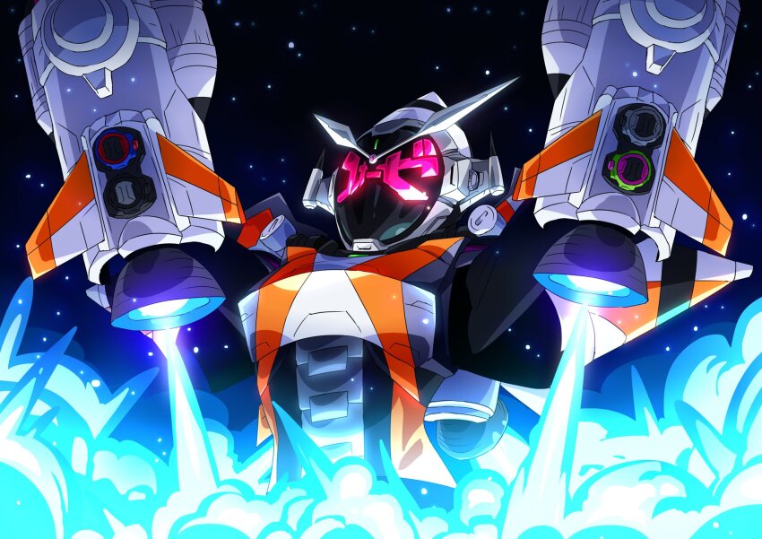 1boy armor black_bodysuit blue_fire bodysuit booster_rocket build_rider_watch ex-aid_rider_watch fire fourze_armor head_wings highres kamen_rider kamen_rider_fourze kamen_rider_fourze_(series) kamen_rider_zi-o kamen_rider_zi-o_(series) katakana male_focus otokamu rider_watch rocket_punch sky space star_(sky) starry_sky upper_body watch white_armor wings wristwatch
