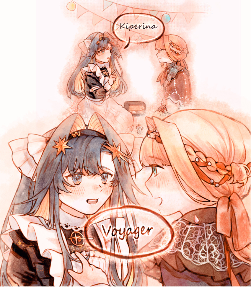 2girls :d apron black_dress black_hairband block_(object) blonde_hair blue_eyes blue_hair braid braided_bangs cape character_name ciaosalut colored_inner_hair dress english_text eye_contact face-to-face facing_another frilled_apron frills hair_intakes hair_ornament hair_ribbon hairband highres kiperina long_hair looking_at_another low_ponytail multicolored_hair multiple_girls multiple_views open_mouth pointing pointing_at_another pointing_at_self ponytail profile radio red_cape red_ribbon reverse:1999 ribbon school_uniform smile soviet_school_uniform speech_bubble star_(symbol) star_hair_ornament string_of_flags voyager_(reverse:1999) white_apron white_background