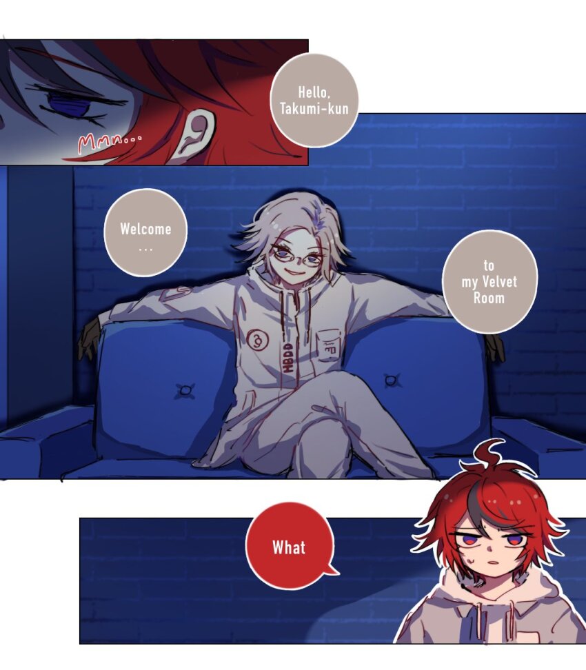 2boys 3koma ahoge aotsuki_eito black_gloves black_hair blue_eyes comic crossed_legs english_text glasses gloves highres looking_at_viewer male_focus messy_hair multicolored_eyes multicolored_hair multiple_boys open_mouth parted_lips red_eyes red_hair sitting smile speech_bubble sumino_takumi the_hundred_line_-last_defense_academy- white_hair
