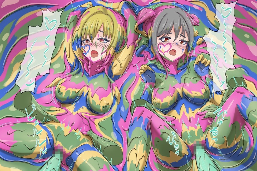 2girls alolan_form alolan_muk blonde_hair blush breasts censored disembodied_hand gen_7_pokemon grey_hair haruma_(messy_illust) heart idolmaster idolmaster_cinderella_girls kanzaki_ranko kurosaki_chitose large_breasts medium_breasts multiple_girls navel nipples nude open_mouth orgasm pokemon sex short_hair vaginal