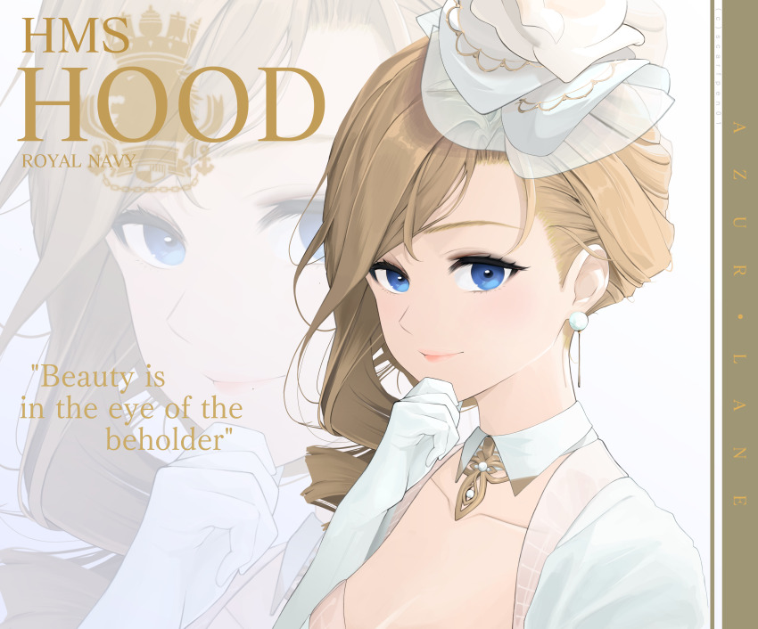 1girl absurdres asymmetrical_hair azur_lane blue_eyes brown_hair character_name commentary earrings english_commentary english_text flower from_side gloves hair_over_shoulder hand_on_own_chin highres hood_(azur_lane) hood_(dawnlight&#039;s_dame)_(azur_lane) jewelry long_hair looking_at_viewer official_alternate_costume pearl_earrings rose royal_navy_emblem_(azur_lane) scarfpen01 solo upper_body white_flower white_gloves white_rose