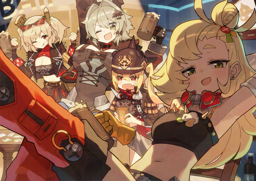 4girls belt black_gloves black_horns black_jacket black_thighhighs blonde_hair blush breasts burnice_white caesar_king_(zenless_zone_zero) cleavage cleavage_cutout clothing_cutout dress fur-trimmed_jacket fur_trim gloves green_eyes green_hair grey_dress highres horns jacket katsu_(katsupainter) large_breasts long_hair looking_at_viewer low_ponytail luciana_de_montefio medium_hair multiple_girls open_mouth orange_eyes piper_wheel ponytail red_eyes short_dress smile thighhighs twintails yellow_eyes zenless_zone_zero