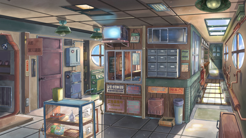 absurdly_detailed_composition absurdres bench day door electrical_outlet graphite_(medium) hanging_light highres indoors loaded_interior no_humans original paper phone qdsn scenery tape television traditional_media translation_request trash_can window