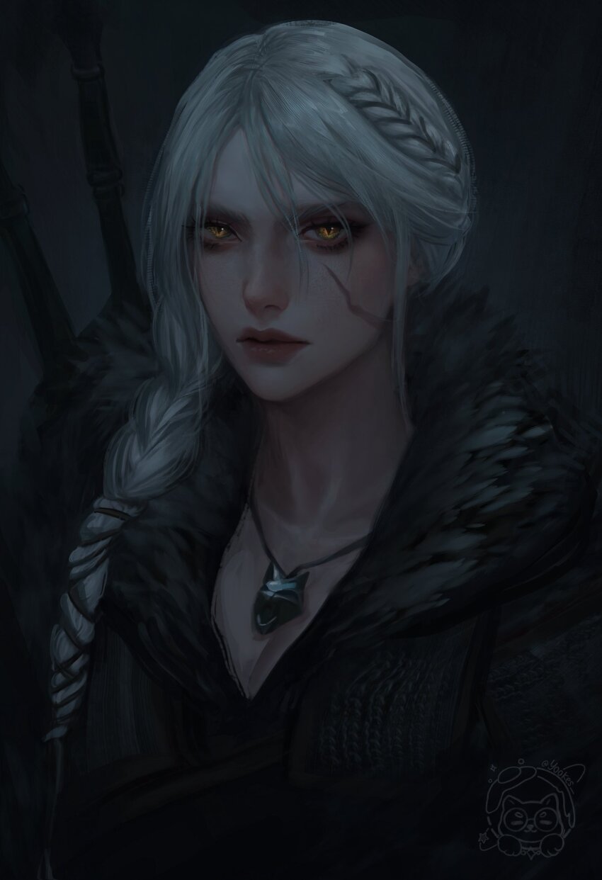 1girl artist_logo braid braided_ponytail ciri facial_scar highres logo long_hair looking_at_viewer scar scar_on_cheek scar_on_face slit_pupils solo sword sword_on_back the_witcher_(series) the_witcher_4 upper_body weapon weapon_on_back white_hair witcher_medallion yellow_eyes yuki_lu