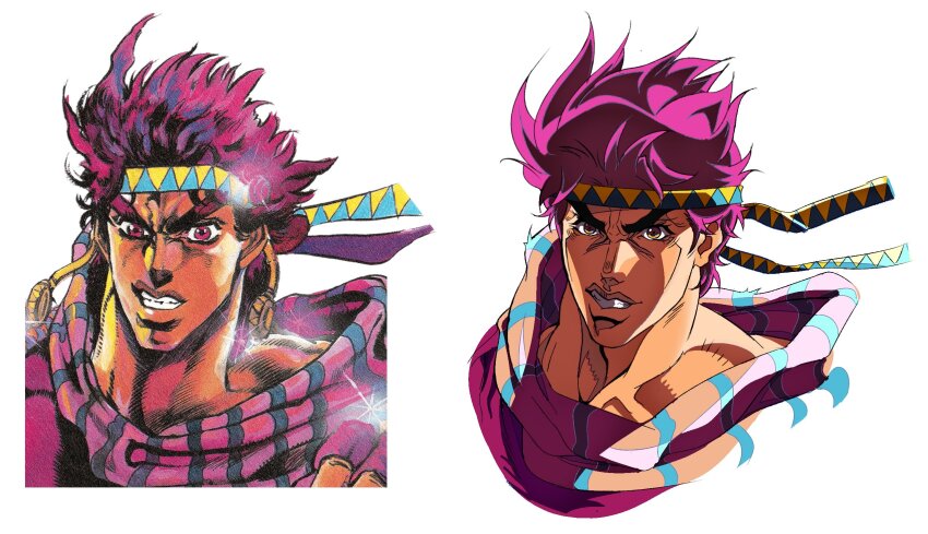 2boys anime_coloring araki_hirohiko battle_tendency blue_headband dual_persona earrings grandguerrilla headband highres jewelry jojo_no_kimyou_na_bouken joseph_joestar joseph_joestar_(young) male_focus multicolored_scarf multiple_boys official_style parody pink_eyes pink_hair pink_scarf purple_hair purple_shirt retro_artstyle scarf shirt striped_clothes striped_scarf traditional_media triangle_print yellow_eyes