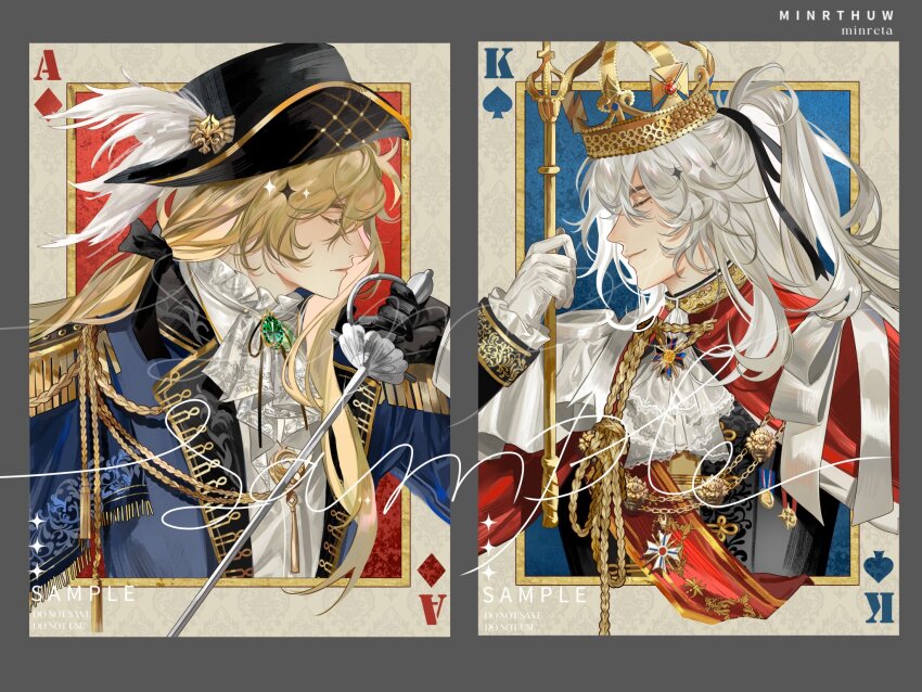 2boys ace_(playing_card) ace_of_spades ascot black_gloves black_ribbon blonde_hair blue_background blue_jacket cape card cavalier_hat chain closed_eyes closed_mouth crown diamond_(shape) english_text epaulettes facing_another feathers frilled_sleeves frills from_side gem gloves gold_crown green_gemstone grey_background hair_between_eyes hair_ornament hair_ribbon hat hat_feather high_ponytail highres holding holding_scepter holding_weapon honkai:_star_rail honkai_(series) jacket jing_yuan king_(playing_card) king_of_clubs lapels long_sleeves low_ponytail luocha_(honkai:_star_rail) male_focus medal minreta2 mole mole_under_eye multiple_boys patterned_background playing_card ponytail red_background red_cape red_gemstone red_sash ribbon saber_(weapon) sample_watermark sash scepter shirt sidelocks signature sleeve_cuffs spade_(shape) sword tassel upper_body watermark weapon white_ascot white_feathers white_gloves white_hair white_shirt