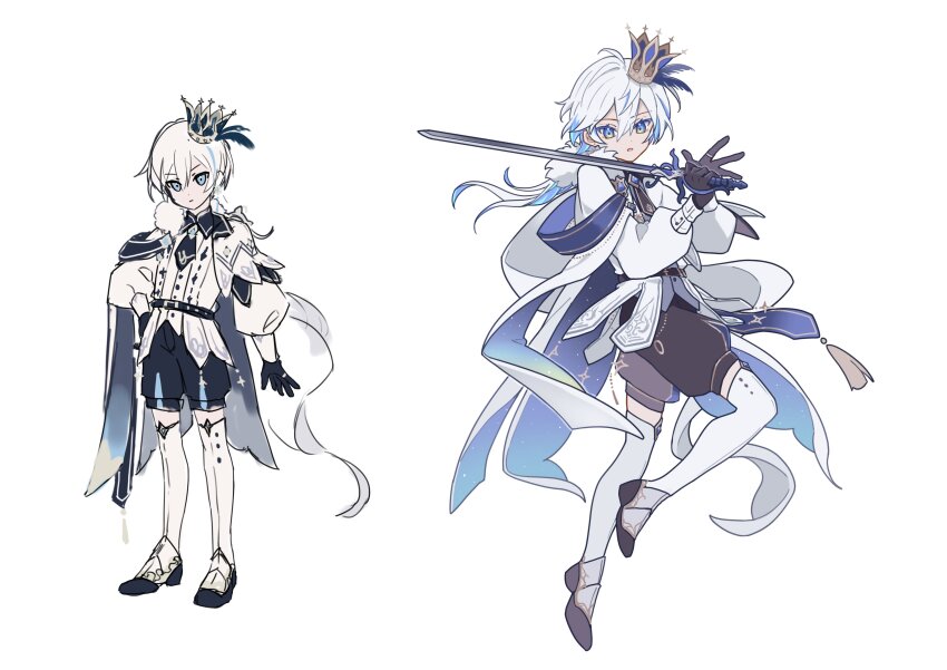 1boy absurdres bad_link bad_tag belt black_gloves blue_eyes bow bowtie brooch cape crown dynamic_pose epaulets feathers fur_collar gloves hair_ornament highres holding holding_sword holding_weapon jewelry messy_hair military_uniform multiple_views namiki_itsuki original reference_sheet short_hair shorts solo star_motif sword tassel thighhighs weapon white_background white_hair