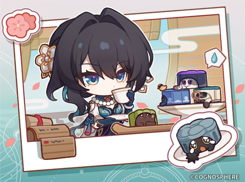 animalization bird brown_hair cake cat chibi chinese_clothes copyright_name critter_pick_(honkai:_star_rail) cup drinking food gloves green_eyes green_gloves herta_(honkai:_star_rail) herta_(wisteria_cake)_(honkai:_star_rail) holding honkai:_star_rail honkai_(series) long_hair official_art plate ruan_mei_(honkai:_star_rail) ruan_mei_(lambda&#039;s_friend)_(honkai:_star_rail) trailblazer_(trash_cake)_(honkai:_star_rail)