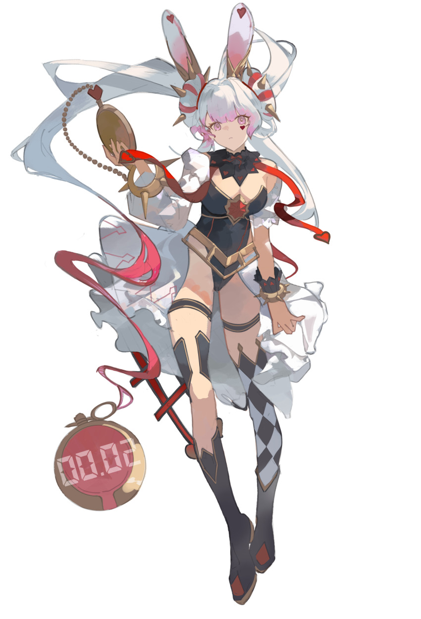 1girl absurdres animal_ears asymmetrical_clothes asymmetrical_legwear black_leotard breasts checkered_clothes checkered_legwear cleavage closed_mouth double_bun duel_monster full_body hair_bun hairband highres holding holding_pocket_watch large_breasts leotard long_hair maliss_&lt;p&gt;_white_rabbit pink_eyes pocket_watch rabbit_ears rabbit_girl saturn_(saturn_illus) simple_background solo spiked_hairband spiked_wristband spikes very_long_hair watch white_background yu-gi-oh!