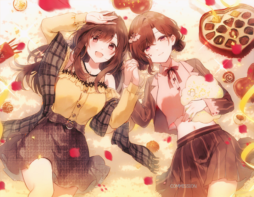 2girls arm_up black_jacket black_shawl black_skirt box box_of_chocolates breasts brown_eyes brown_hair chocolate closed_mouth clothing_cutout commentary_request commission cowboy_shot cropped_jacket cropped_shirt facial_mark falling_petals food from_above hair_ornament heart heart-shaped_box heart_facial_mark highres higuchi_madoka holding_hands idolmaster idolmaster_shiny_colors interlocked_fingers jacket jiji_(381134808) long_hair long_sleeves looking_at_viewer lying medium_breasts midriff mole mole_under_eye multiple_girls navel neck_ribbon on_back open_mouth petals pink_shirt pocky purple_eyes red_petals ribbon shawl shirt short_hair shoulder_cutout skirt striped_clothes striped_jacket striped_skirt tsukioka_kogane yellow_shirt yuri