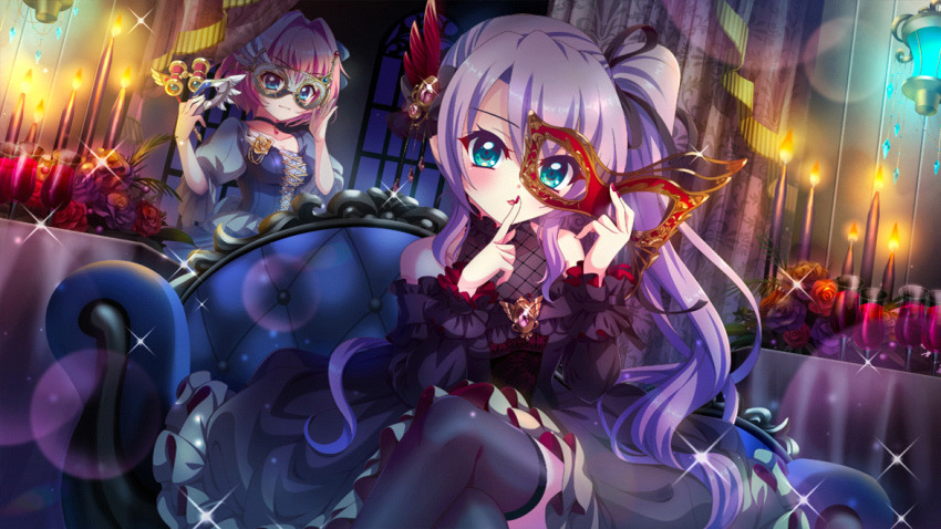 2girls aqua_eyes black_dress black_ribbon black_thighhighs blue_bow blue_dress blue_eyes bow breasts candle candlelight cleavage collarbone corsage crossed_legs detached_sleeves dress dutch_angle eye_mask feather_hair_ornament feathers film_grain finger_to_mouth flower game_cg goggles hair_bow hair_intakes hair_ornament hair_ribbon high_side_ponytail hiiragi_kae holding holding_mask indoors izumi_tsubasu lantern lens_flare long_hair looking_at_viewer mask masquerade_mask medium_breasts multiple_girls non-web_source official_art on_chair opera_glasses pink_hair purple_flower purple_hair purple_rose radio_antenna re:stage! red_feathers red_flower red_mask red_nails red_rose ribbon rose see-through_clothes see-through_cleavage short_hair sitting small_breasts sparkle table tablecloth thighhighs tsukisaka_sayu very_long_hair white_feathers yellow_flower yellow_rose