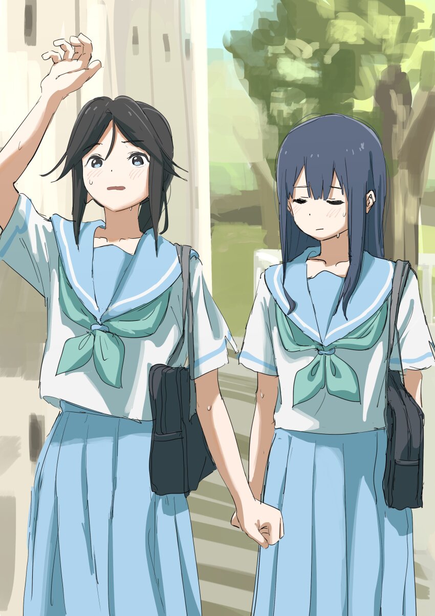 2girls absurdres arm_up bag black_hair blue_eyes blue_hair blue_neckerchief blue_sailor_collar blue_skirt blush closed_eyes closed_mouth day hibike!_euphonium highres kasaki_nozomi kitauji_high_school_uniform liz_to_aoi_tori long_hair multiple_girls neckerchief open_mouth outdoors pleated_skirt punicchi sailor_collar school_bag school_uniform serafuku shirt skirt sweat tree white_shirt yoroizuka_mizore