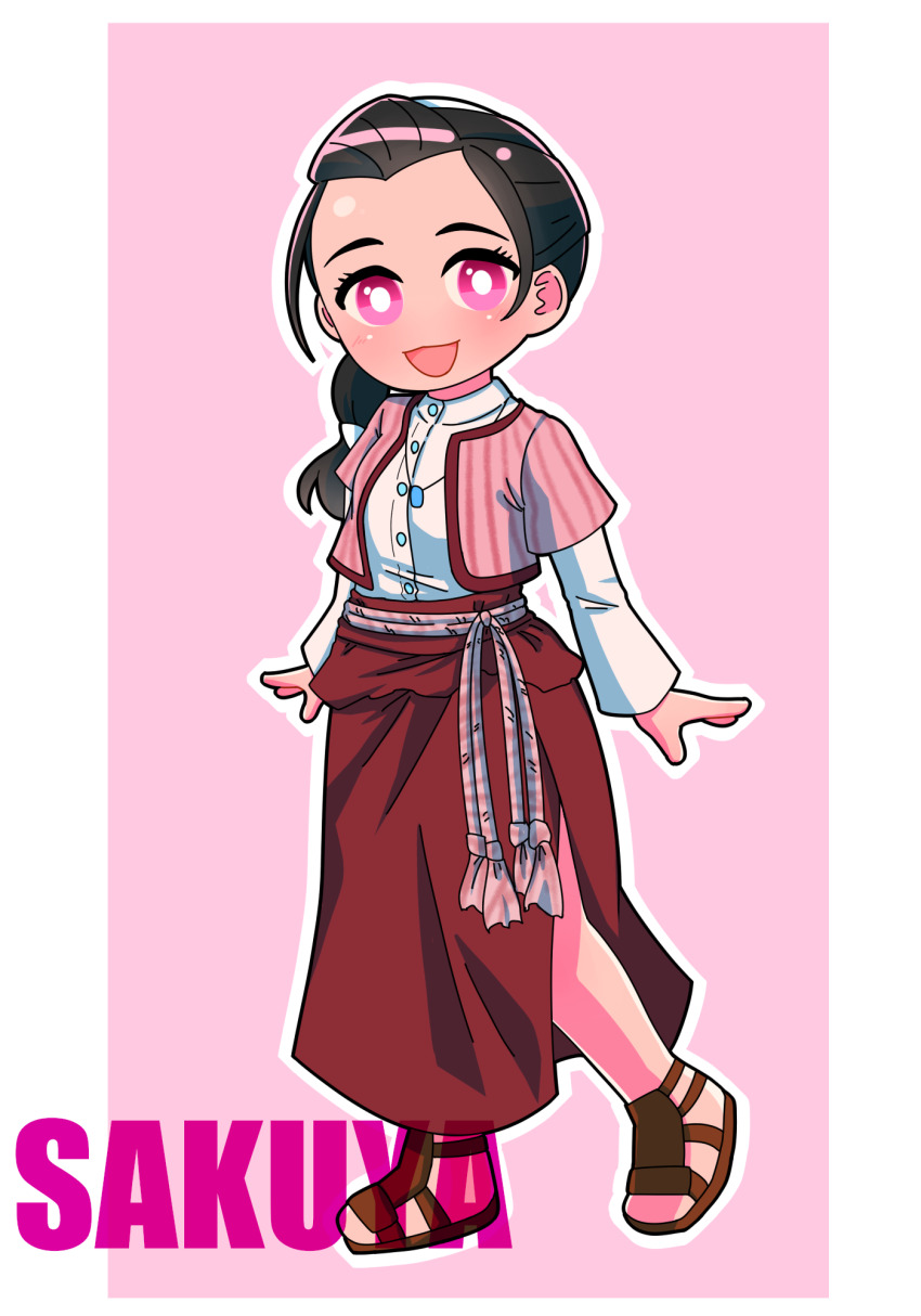 1girl :d animification belt black_hair blush border braid bright_pupils brown_sandals buttons character_name commentary cropped_jacket full_body hair_ornament half_updo highres jacket jewelry layered_sleeves long_hair long_skirt long_sleeves looking_at_viewer low-braided_long_hair low-tied_long_hair necklace no_nose no_toes open_mouth pink_background pink_eyes pink_jacket red_skirt red_trim sakuya_(ultraman_ginga_s) sandals shirt side_slit single_braid skirt smile solo standing string_belt striped_clothes striped_jacket tokusatsu tsubasa_(godbardtsubasa) ultra_series ultraman_ginga_(series) ultraman_ginga_s vertical-striped_clothes vertical-striped_jacket white_border white_pupils white_shirt