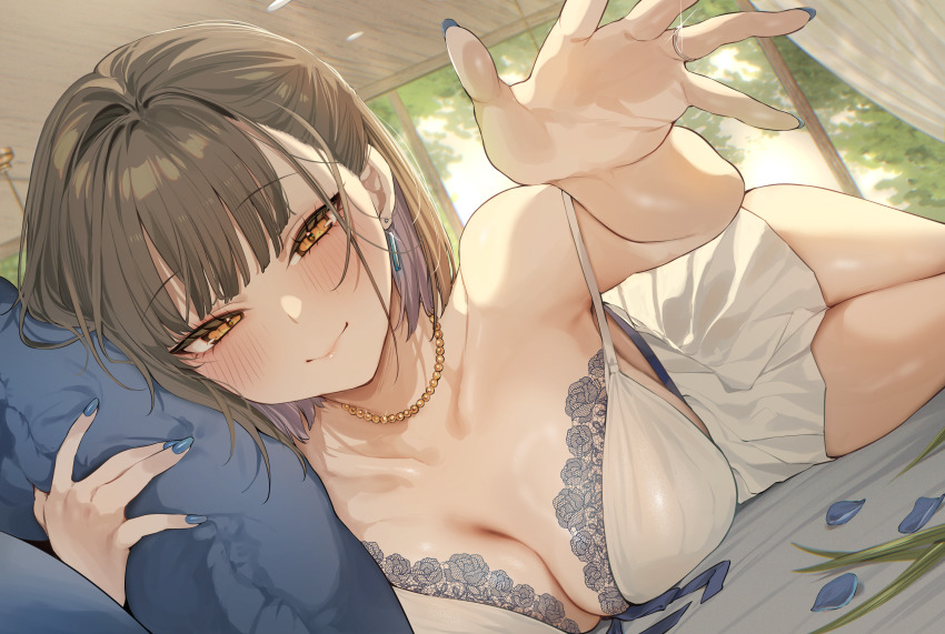 1girl absurdres bare_arms blue_nails blunt_bangs blush bra breasts brown_eyes brown_hair cleavage closed_mouth collarbone danimaru day earrings highres indoors jewelry large_breasts lingerie looking_at_viewer medium_hair necklace original outstretched_hand pillow ring sidelocks skirt smile solo underwear variant_set wedding_ring white_bra white_skirt window