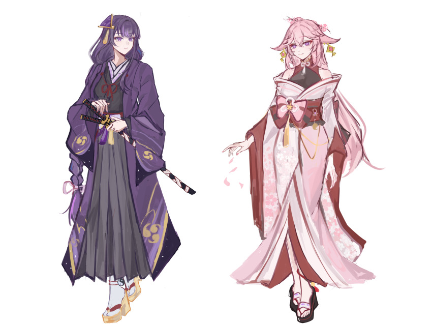 2girls absurdres alternate_costume alternate_hairstyle animal_ear_piercing animal_ears blunt_bangs braid cherry_blossoms chinese_commentary closed_mouth commission couple eyeliner falling_petals fox_ears fox_girl friends full_body genshin_impact hair_between_eyes hair_ornament head_tilt highres japanese_clothes kimono light_smile long_braid long_hair long_sleeves looking_at_viewer looking_to_the_side makeup mitsudomoe_(shape) mole mole_under_eye multiple_girls neck_ribbon off_shoulder petals pink_kimono pink_petals pink_ribbon purple_eyes purple_hair purple_kimono purple_ribbon raiden_shogun red_eyeliner red_sash ribbon sash second-party_source simple_background single_braid siyanghuasanke sleeveless socks standing toes tomoe_(symbol) white_background white_socks wide_sleeves yae_miko yuri