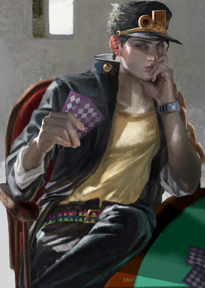 1boy artist_name belt black_coat black_hair black_pants card chain coat commentary_request danart14020 green_eyes hand_on_own_face hat highres holding holding_card jojo_no_kimyou_na_bouken kuujou_joutarou lips looking_at_viewer male_focus multiple_belts muscular pants playing_card poker_table realistic school_uniform shirt sitting solo stardust_crusaders table watch wristwatch