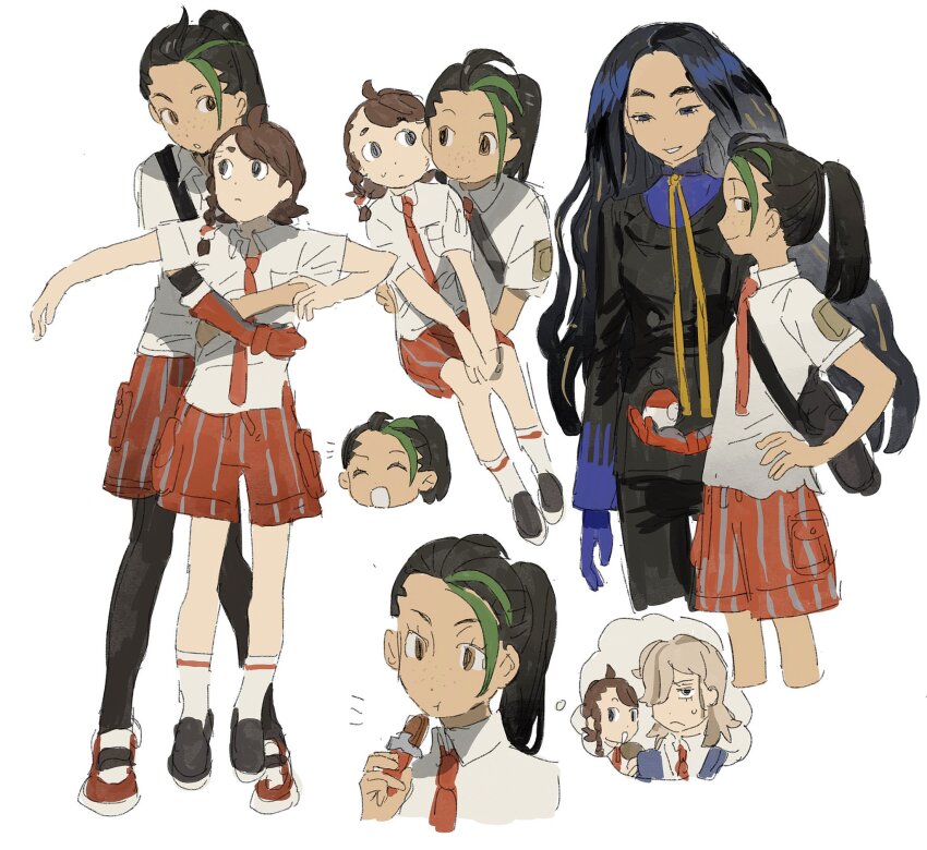 1boy 3girls :o :t ^_^ ahoge ankle_socks arven_(pokemon) bag black_bag black_footwear black_hair black_jacket black_pants black_pantyhose black_sleeves blonde_hair blue_shirt blue_vest braid brown_eyes candy carrying chewing chocolate chocolate_bar closed_eyes closed_mouth collared_shirt cropped_legs cropped_torso detached_sleeves eating elbow_gloves eyelashes food food_wrapper freckles geeta_(pokemon) gloves green_hair hair_over_one_eye hands_on_lap highres holding holding_food holding_poke_ball jacket juliana_(pokemon) light_frown long_hair long_sleeves ma_fu medium_hair multicolored_hair multiple_girls multiple_views neckerchief necktie nemona_(pokemon) nintendo notice_lines open_mouth pants pantyhose pocket poke_ball pokemon pokemon_sv ponytail princess_carry red_footwear red_gloves red_necktie red_shorts school_uniform shirt shoes short_hair short_sleeves shorts shoulder_bag simple_background single_braid sneakers socks speech_bubble streaked_hair striped_clothes striped_shorts sweatdrop thought_bubble vertical-striped_clothes vertical-striped_shorts very_long_hair vest white_background white_shirt white_socks yellow_neckerchief