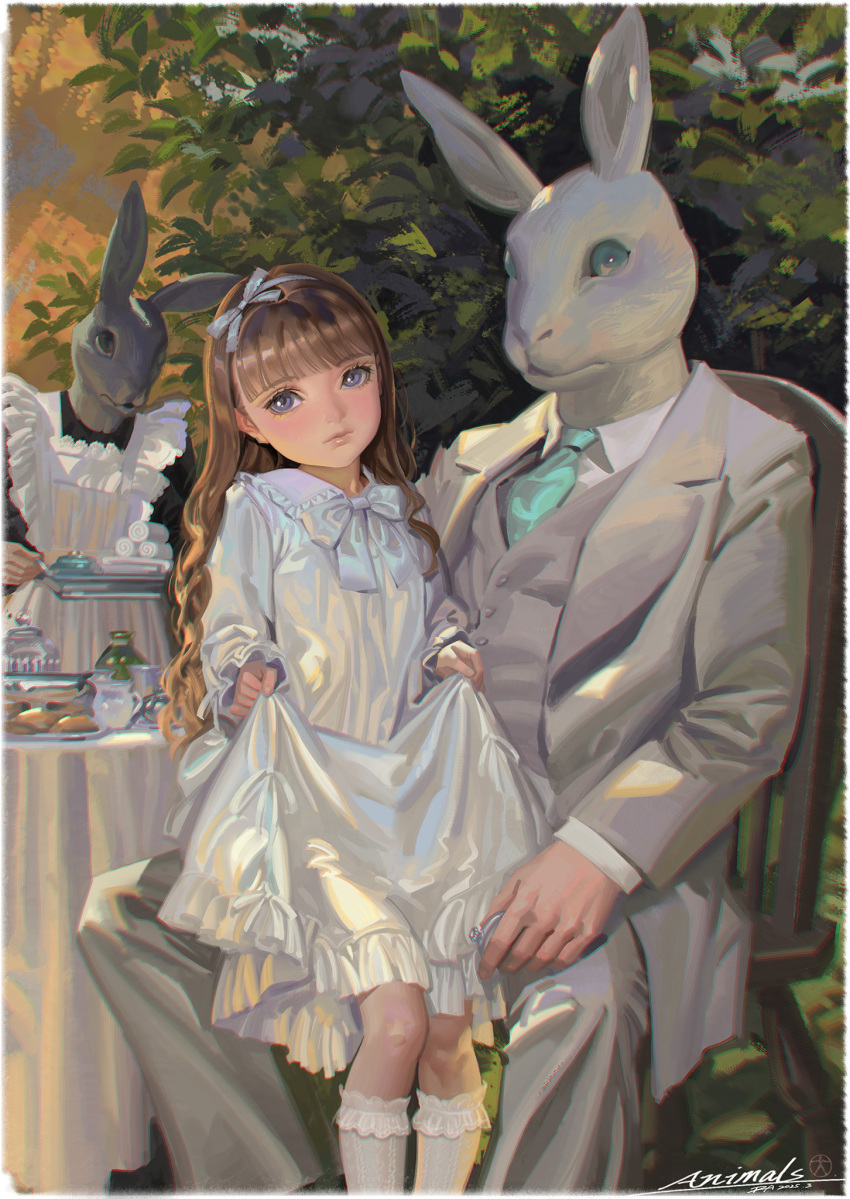 1boy 2025 2girls alphonse_(white_datura) apron aqua_necktie black_dress blue_eyes border bow bow_hairband bowtie brown_hair chromatic_aberration closed_mouth collared_dress collared_shirt commentary dated dress english_commentary formal_clothes frilled_socks frills grey_bow grey_hairband grey_jacket grey_pants grey_vest hair_bow hairband highres jacket long_hair long_sleeves maid multiple_girls necktie on_chair open_clothes open_jacket original pants rabbit_head shirt sitting sitting_on_lap sitting_on_person skirt_hold socks suit suit_jacket table tablecloth vest waistcoat white_apron white_border white_bow white_bowtie white_dress white_shirt white_socks wooden_chair