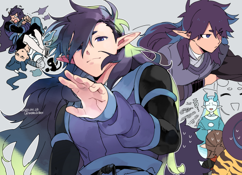6+boys aqua_horns black_cat cat closed_eyes dated fengxi_(the_legend_of_luoxiaohei) grey_background hand_up horns long_sleeves looking_at_viewer luo_xiaohei luo_xiaohei_(cat) luo_xiaohei_zhanji luozhu_(the_legend_of_luoxiaohei) multiple_boys multiple_views open_mouth outline pointy_ears purple_eyes smile solo_focus tianhu_(the_legend_of_luoxiaohei) twitter_username upper_body vox white_outline wrestling wuxian_(the_legend_of_luoxiaohei) xuhuai_(the_legend_of_luoxiaohei)