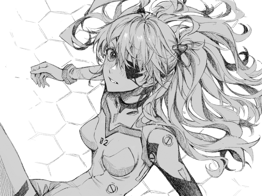 1girl bodysuit breasts commentary_request eyepatch greyscale hair_spread_out highres honeycomb_(pattern) honeycomb_background interface_headset_(evangelion) long_hair looking_at_viewer mecha_pilot_suit monochrome neon_genesis_evangelion parted_lips plugsuit_(evangelion) small_breasts solo souryuu_asuka_langley twintails wan_wan_shuijiao