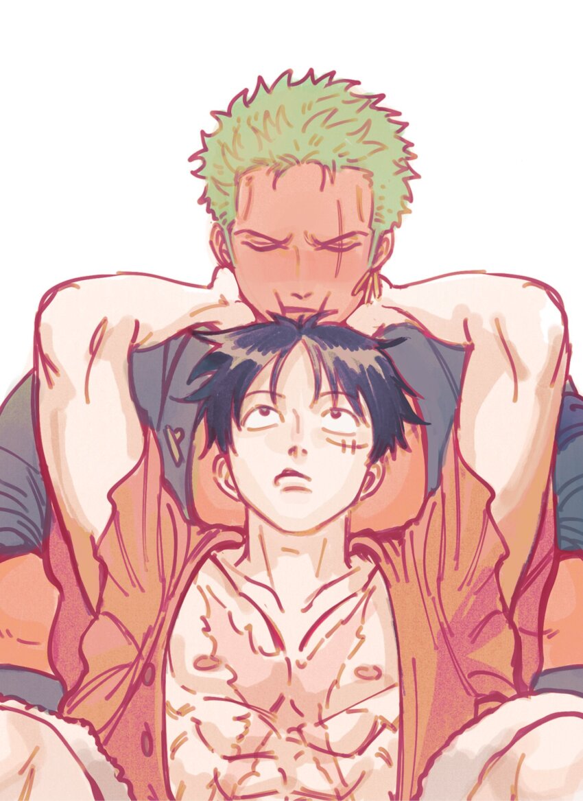 2boys abs arms_up bare_pectorals black_eyes black_hair blush closed_eyes couple dark-skinned_male dark_skin earrings facial_scar green_hair hand_on_another&#039;s_neck highres jewelry looking_up male_focus monkey_d._luffy multiple_boys nipples nok_(nok_1) one_piece open_clothes open_shirt pectoral_pillow pectorals red_shirt roronoa_zoro scar scar_on_cheek scar_on_chest scar_on_face shirt short_hair sideburns simple_background single_earring sitting upper_body white_background yaoi