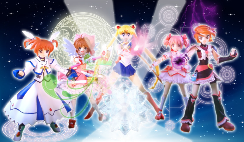 antenna_hair bishoujo_senshi_sailor_moon brooch cardcaptor_sakura crossover figma futari_wa_precure heart heart_brooch jewelry kaname_madoka kaname_madoka_(magical_girl) kinomoto_sakura kinomoto_sakura_(magician) kneehighs long_hair lyrical_nanoha mahou_shoujo_lyrical_nanoha mahou_shoujo_madoka_magica mahou_shoujo_madoka_magica_(anime) precure socks very_long_hair