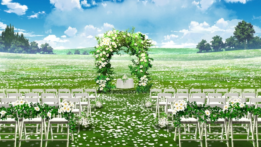 blue_sky chair cloud cloudy_sky day flower forest garland_(decoration) grass haze highres hill meadow mountainous_horizon nature no_humans non-web_source official_art our_life our_life:_beginnings_and_always outdoors podium poppy_(flower) scenery sky too_many_flowers tree variant_set wedding_arch wooden_chair