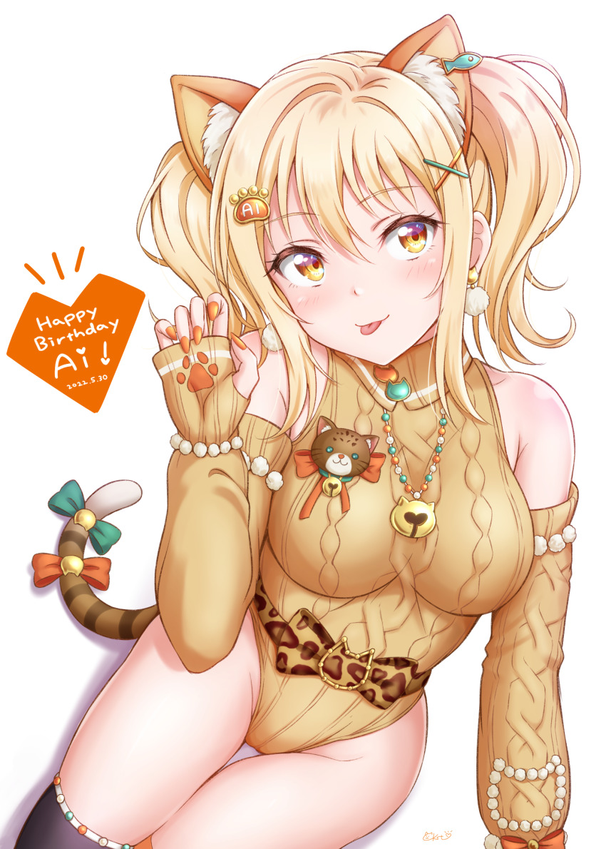 1girl animal_ears birthday black_thighhighs blonde_hair blush breasts cat_ears cat_tail character_name ckst commentary dated earrings elbow_gloves english_text fingerless_gloves gloves hair_ornament happy_birthday heart highres jewelry large_breasts leotard love_live! love_live!_nijigasaki_high_school_idol_club medium_hair miyashita_ai nail_polish orange_nails signature solo tail thighhighs tongue tongue_out twintails white_background