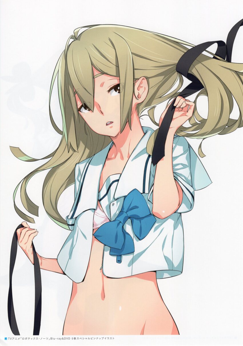 1girl 5pb. absurdres black_ribbon blonde_hair blue_bow bottomless bow bra bra_peek breasts brown_eyes chest_bow chuo_tanegashima_high_school_uniform collarbone crop_top ears_visible_through_hair fingernails groin hair_between_eyes hair_bow hair_ribbon head_tilt highres holding holding_ribbon koujiro_frau long_hair looking_at_viewer multiple_hair_bows navel no_panties official_art open_clothes open_mouth open_shirt out-of-frame_censoring pink_bra ribbon robotics;notes sailor_collar scan school_uniform serafuku sidelocks simple_background small_breasts solo stomach teeth tongue twintails unbuttoned unbuttoned_shirt underwear undressing untying_hair upper_teeth_only white_background white_sailor_collar zipper zipper_pull_tab
