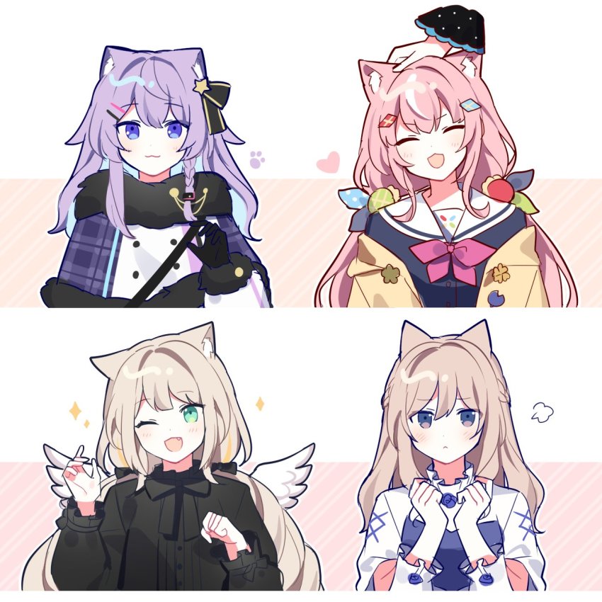 4girls :3 ^_^ animal_ears black_gloves blonde_hair blue_eyes blue_hair capelet cat_ears chae_ara clenched_hands closed_eyes colored_inner_hair fang fur_trim gloves green_eyes head_tilt headpat highres kemonomimi_mode long_hair multicolored_hair multiple_girls nijisanji nijisanji_kr nun_bora nun_bora_(1st_costume) one_eye_closed open_mouth pink_hair purple_hair ryu_hari smile so_nagi sparkle virtual_youtuber waka_(wk4444) wings yang_nari yang_nari_(1st_costume)