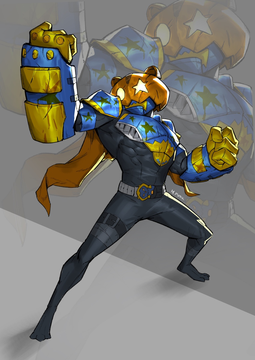 1boy absurdres animal_ears armor bear bear_head black_bodysuit black_footwear bodysuit cape clenched_hands desire_driver gauntlets gloves glowing glowing_eyes glowing_fist highres id_core jack-o&#039;-lantern kamen_rider kamen_rider_geats_(series) kamen_rider_punkjack looking_at_viewer male_focus maniaxpunk monster_buckle orange_cape power_fist raise_buckle rider_belt solo spread_legs star_(symbol) tokusatsu zoom_layer