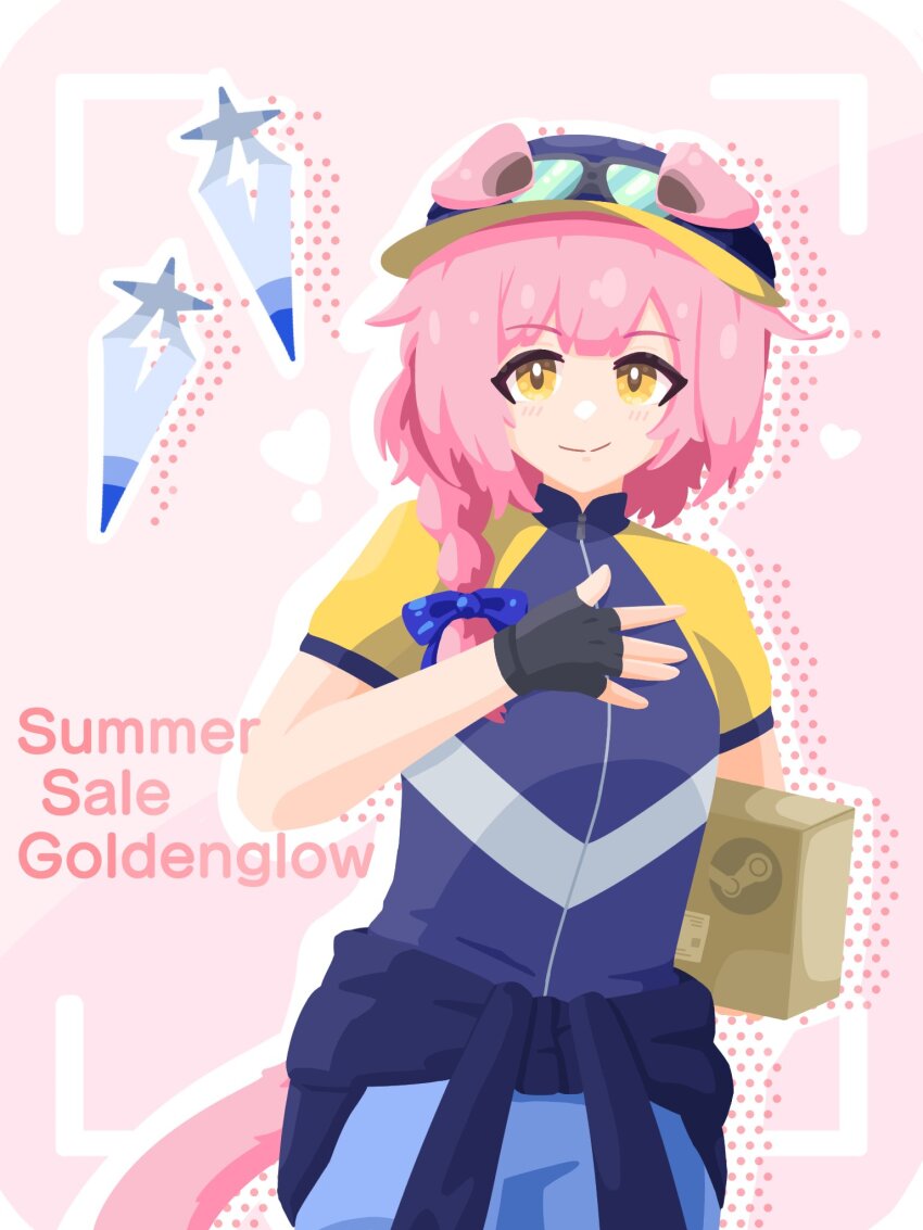 1girl animal_ears arknights baseball_cap black_gloves blue_bow blue_hat blue_jacket blue_shirt blue_shorts bow box braid cardboard_box cat_ears cat_girl cat_tail character_name clothes_around_waist commentary cosplay cowboy_shot ears_through_headwear english_commentary english_text fingerless_gloves gloves goggles goggles_on_headwear goldenglow_(arknights) gribberoni hair_bow hand_on_own_chest hat heart highres holding holding_box jacket jacket_around_waist long_hair multicolored_shirt pink_background pink_hair shirt short_sleeves shorts smile solo steam_(platform) steam_delivery_girl steam_delivery_girl_(cosplay) tail yellow_eyes yellow_shirt