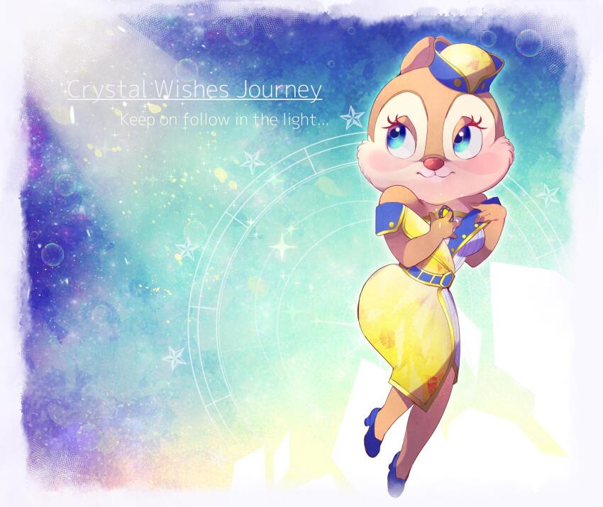 1girl blue_eyes brooch chipmunk_ears chipmunk_girl clarice_(disney) disney dress english_text eyelashes full_body high_heels highres jewelry looking_at_viewer mickey_mouse_&amp;_friends rl10_02 solo strapless strapless_dress yellow_dress