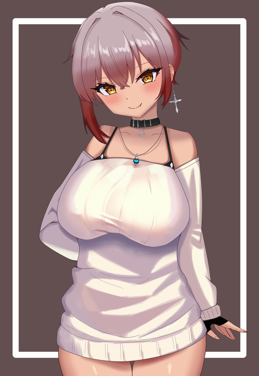 1girl absurdres arm_behind_back belt belt_collar black_belt black_gloves blush breasts brown_eyes brown_hair closed_mouth collar collarbone commission dark-skinned_female dark_skin earrings face_piercing fingerless_gloves gloves gradient_hair grey_hair highres indie_virtual_youtuber jewelry large_breasts lip_piercing multicolored_hair ody_kishi piercing savii_(vtuber) single_earring skeb_commission smile solo sweater thigh_gap virtual_youtuber white_sweater