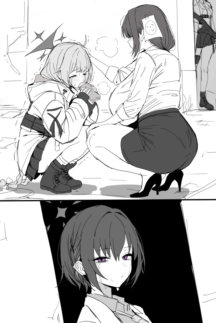 3girls absurdres blue_archive blush breasts commentary_request doodle_sensei_(blue_archive) female_sensei_(blue_archive) female_sensei_(blue_archive)_(xipa) food greyscale gun halo highres holding holding_food holding_gun holding_weapon huge_breasts jacket long_sleeves maia_(blue_archive) monochrome multiple_girls sensei_(blue_archive) shirt shoes short_hair skirt squatting subaru_(blue_archive) tears weapon xipa