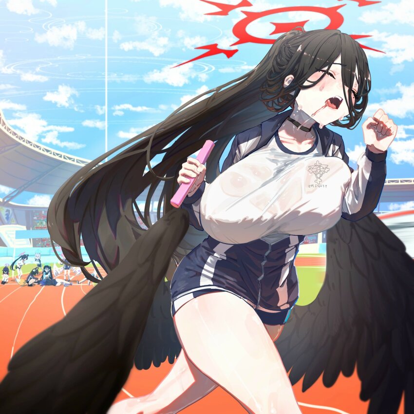 6+girls aris_(blue_archive) black_choker black_wings blue_archive character_request choker day feathered_wings gym_shirt gym_shorts gym_uniform halo haruka_(blue_archive) hasumi_(blue_archive) hasumi_(track)_(blue_archive) highres ilyowal jacket low_wings mika_(blue_archive) mika_(track)_(blue_archive) mole mole_under_eye multiple_girls official_alternate_costume outdoors oversized_wings partially_unzipped ponytail red_halo relay_baton relay_race running running_track serika_(blue_archive) shirt shorts stadium track_and_field track_jacket wings yuuka_(blue_archive) yuuka_(track)_(blue_archive)