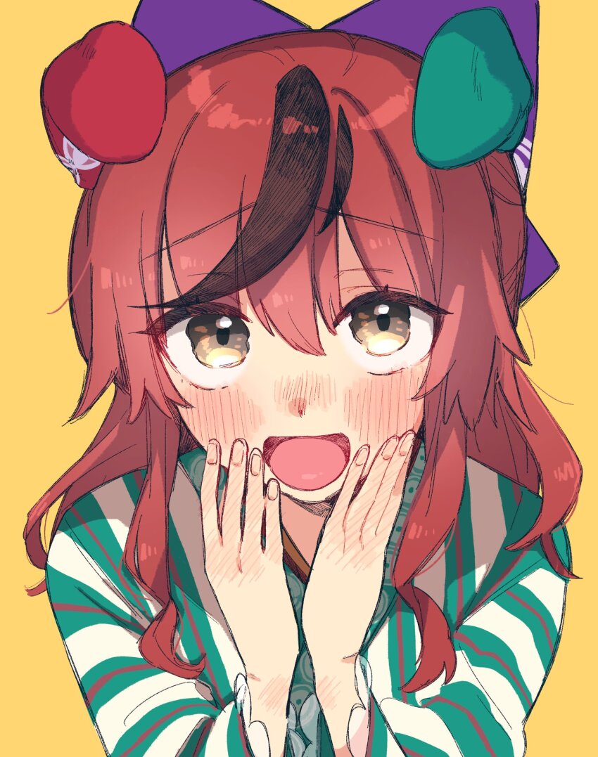 1girl animal_ears brown_background brown_eyes commentary_request ear_covers ears_down floral_print hair_between_eyes hair_ornament highres horse_ears horse_girl japanese_clothes kimono long_hair long_sleeves multicolored_hair nice_nature_(converging_wishes)_(umamusume) nice_nature_(negaino_kasane)_(umamusume) nice_nature_(umamusume) obi official_alternate_costume official_alternate_hairstyle open_mouth sash simple_background smile solo streaked_hair striped_clothes striped_kimono umamusume upper_body yawaraka_yusen yellow_background