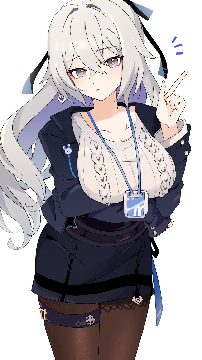 1girl absurdres arm_under_breasts awe_(adorableduckyy) black_jacket black_pantyhose black_ribbon black_skirt breasts bronya_zaychik bronya_zaychik_(outstanding_attitude) bronya_zaychik_(silverwing:_n-ex) commentary cowboy_shot fine_fabric_emphasis grey_eyes grey_hair grey_sweater hair_between_eyes hair_ribbon highres honkai_(series) honkai_impact_3rd id_card index_finger_raised jacket lanyard large_breasts long_hair looking_at_viewer office_lady official_alternate_costume open_clothes open_jacket pantyhose parted_lips pink_pupils ribbed_sweater ribbon skirt solo sweater thigh_strap