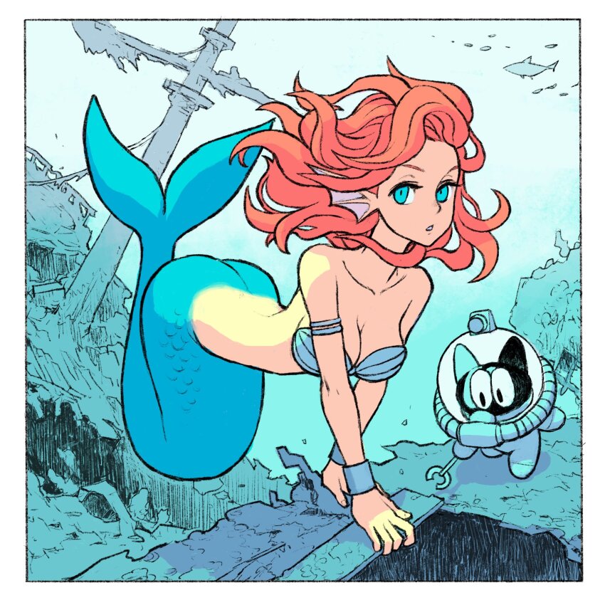 1girl armlet blue_eyes border bracelet breasts cat collarbone dattosan diving_helmet diving_suit fins fish grabber_tool head_fins helmet highres jewelry leaning_forward long_hair medium_breasts mermaid monster_girl original parted_lips red_hair shell shell_bikini shipwreck underwater white_border