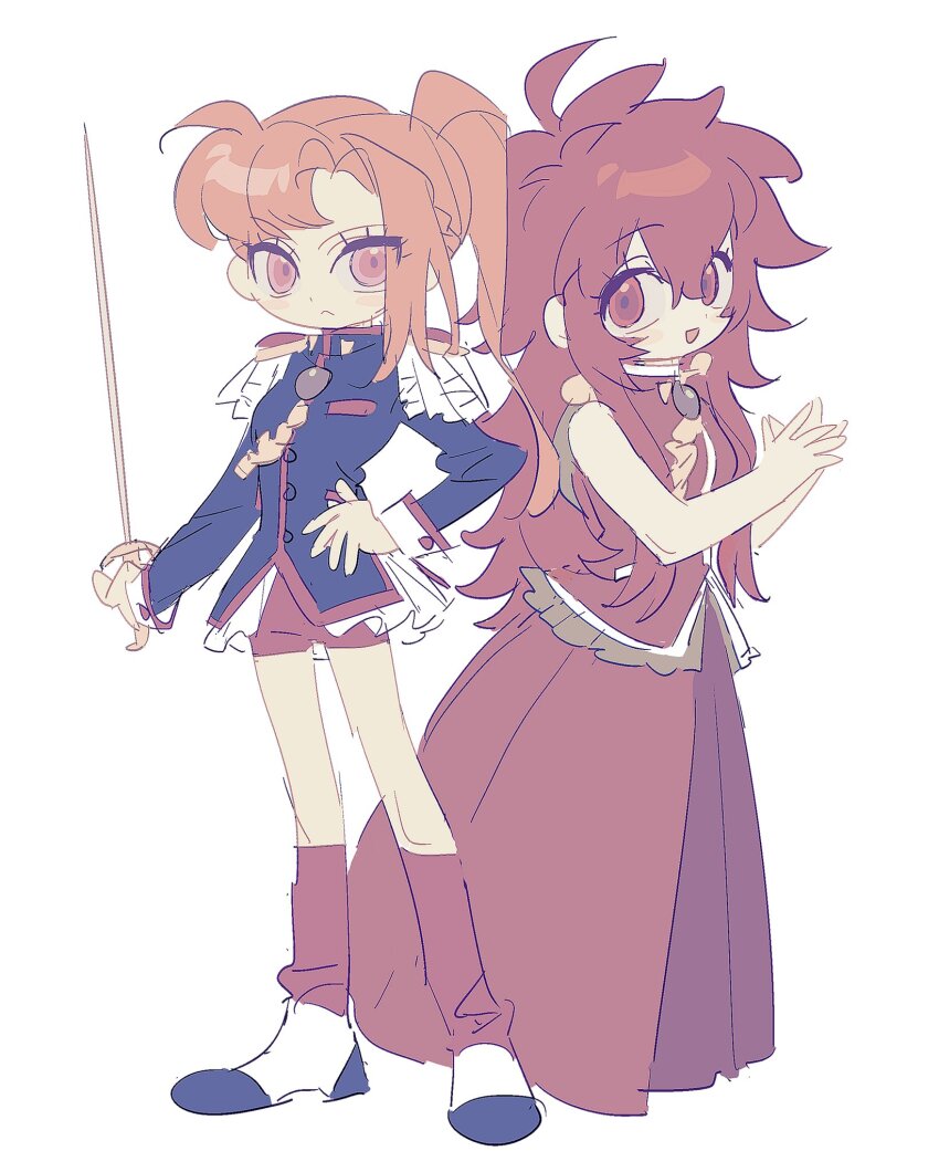2girls ahoge blue_jacket boots braid chidouin_sara closed_mouth cosplay dress egokoro_nao gem green_gemstone high_ponytail highres himemiya_anthy holding holding_sword holding_weapon jacket kimi_ga_shine laz_(wancchaco) long_hair long_sleeves looking_at_viewer multiple_girls open_mouth ponytail red_dress red_eyes red_footwear red_hair shoujo_kakumei_utena simple_background sleeveless sleeveless_dress smile sword tenjou_utena tenjou_utena_(cosplay) very_long_hair weapon white_background