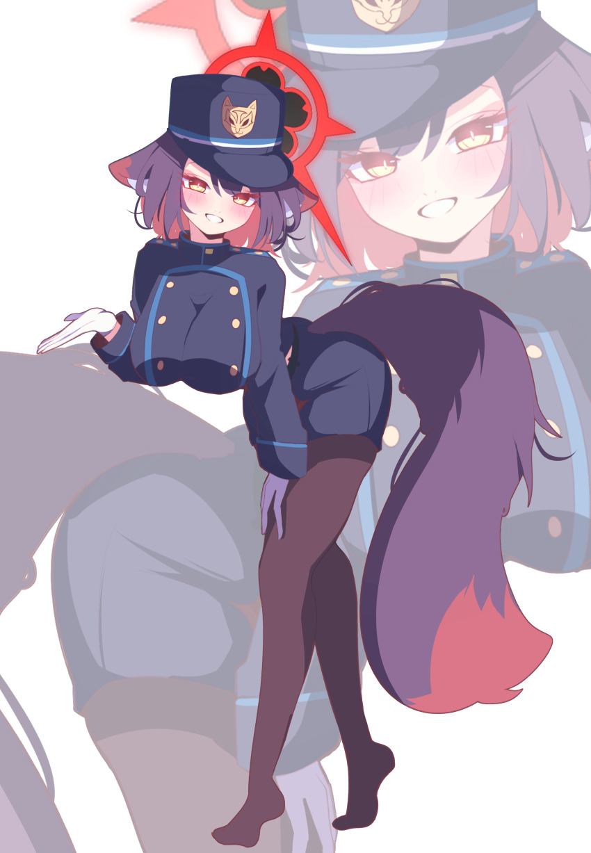 1girl absurdres alternate_costume alternate_hair_length alternate_hairstyle amebrew animal_ear_fluff animal_ears bent_over black_hair black_pantyhose blue_archive blue_hat blue_jacket blue_shorts blush colored_inner_hair cosplay fox_ears fox_girl fox_tail gloves grin hand_on_own_thigh hat highres jacket multicolored_hair no_shoes nozomi_(blue_archive) nozomi_(blue_archive)_(cosplay) pantyhose red_hair shorts smile solo tail two-tone_hair wakamo_(blue_archive) white_gloves zoom_layer