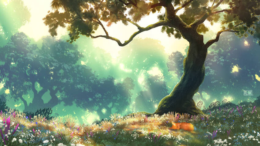 animal commentary english_commentary flower forest fox grass kloir landscape meadow morning nature original painterly purple_flower scenery sleeping sunlight tree white_flower