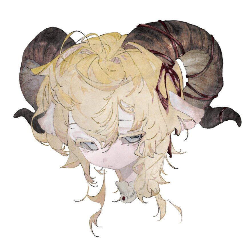 1other androgynous animal_ears blonde_hair blue_eyes character_request check_character check_copyright copyright_request goat_ears goat_horns hair_ribbon highres horizontal_pupils horn_ornament horn_ribbon horns medium_hair original portrait ribbon simple_background solo white_background zhamaooooooo