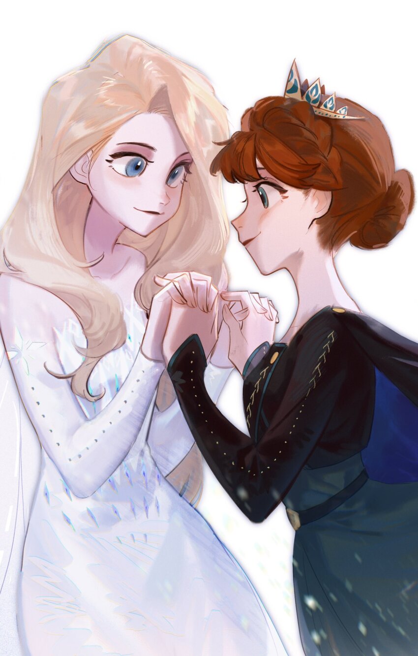 2girls anna_(frozen) bare_shoulders belt black_belt black_cape black_jacket blonde_hair blue_cape blue_eyes braid brown_hair buttons cape closed_mouth collarbone cowboy_shot detached_sleeves dress elsa_(frozen) fingernails frozen_(disney) green_dress green_eyes hair_bun hands_up highres holding_hands jacket long_hair long_sleeves looking_at_another multiple_girls rrrrrrrrrrrou1 short_hair siblings simple_background sisters sleeveless sleeveless_dress smile snowing standing strapless strapless_dress tiara two-sided_cape two-sided_fabric white_background white_dress