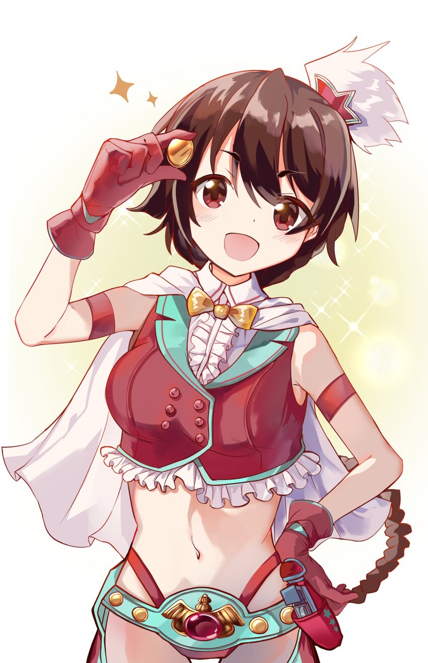 1girl absurdres aqua_belt artist_request bikini bikini_bottom_only bow bowtie braid brown_hair buttons cape chaps coin cropped_vest frilled_vest frills gem gloves gun hair_between_eyes hair_ornament handgun highres holding holding_coin holstered long_hair magia_record:_mahou_shoujo_madoka_magica_gaiden magical_girl mahou_shoujo_madoka_magica mao_himika midriff navel open_mouth red_gemstone swimsuit toy vest weapon