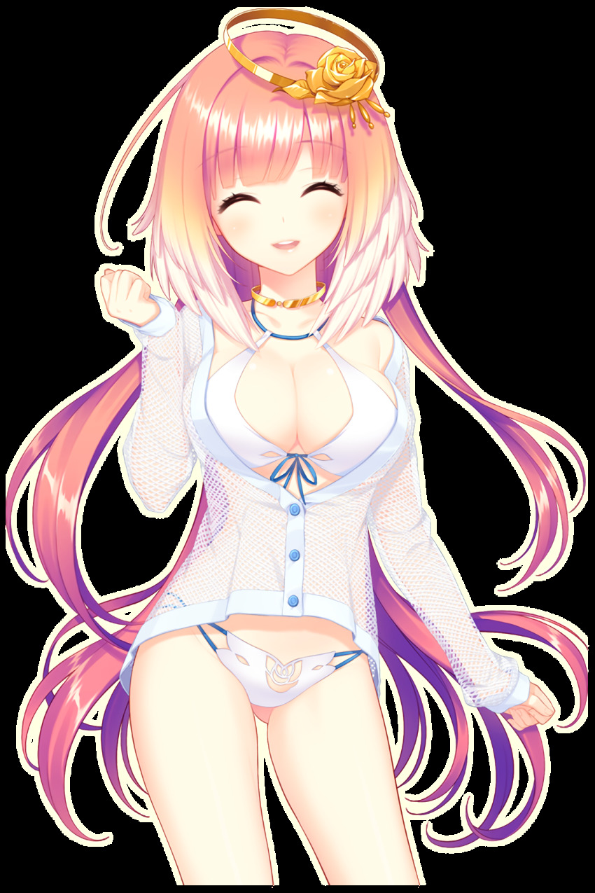 1girl bikini breasts closed_eyes floral_print gluteal_fold golden_rose hair_ornament hand_up highres jacket large_breasts long_hair official_art open_mouth pink_hair rose_print see-through_clothes selena_(soccer_spirits) shirahane_nao smile soccer_spirits swimsuit transparent_background white_bikini white_jacket