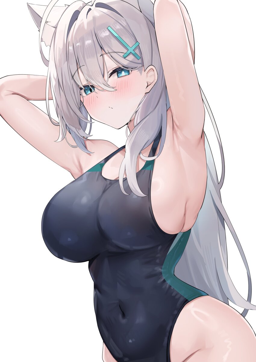 1girl absurdres alternate_costume alternate_hairstyle animal_ears armpits arms_behind_head arms_up black_one-piece_swimsuit blue_archive blush breasts broken_halo closed_mouth commentary_request covered_navel cross cross_hair_ornament extra_ears grey_hair hair_between_eyes hair_ornament halo highres inverted_cross kuroshiro_kanae large_breasts long_hair looking_at_viewer one-piece_swimsuit ponytail shiroko_(blue_archive) shiroko_terror_(blue_archive) sideboob simple_background solo swimsuit very_long_hair white_background wolf_ears wolf_girl