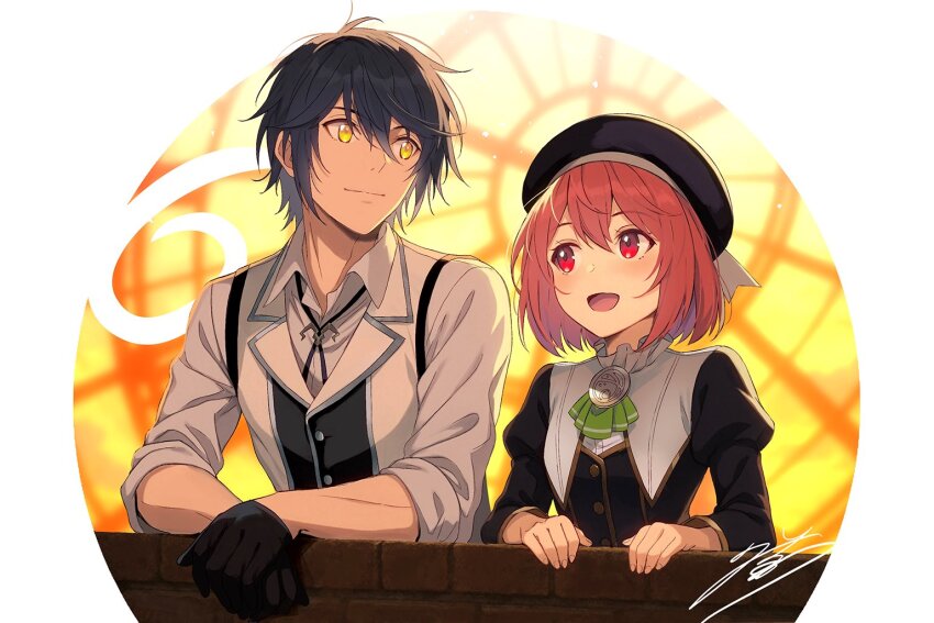 1girl alec_ygret black_hair black_hat coat gloves hat juliet_sleeves long_sleeves mikata_ga_yowasugite_hojo_mahou_ni_tesshiteita_kyuutei_mahoushi_tsuihou_sarete_saikyou_wo_mezashimasu puffy_long_sleeves puffy_sleeves red_eyes red_hair short_hair smile white_coat yellow_eyes yorha_eisenz yuunagi_(seventh_heaven)