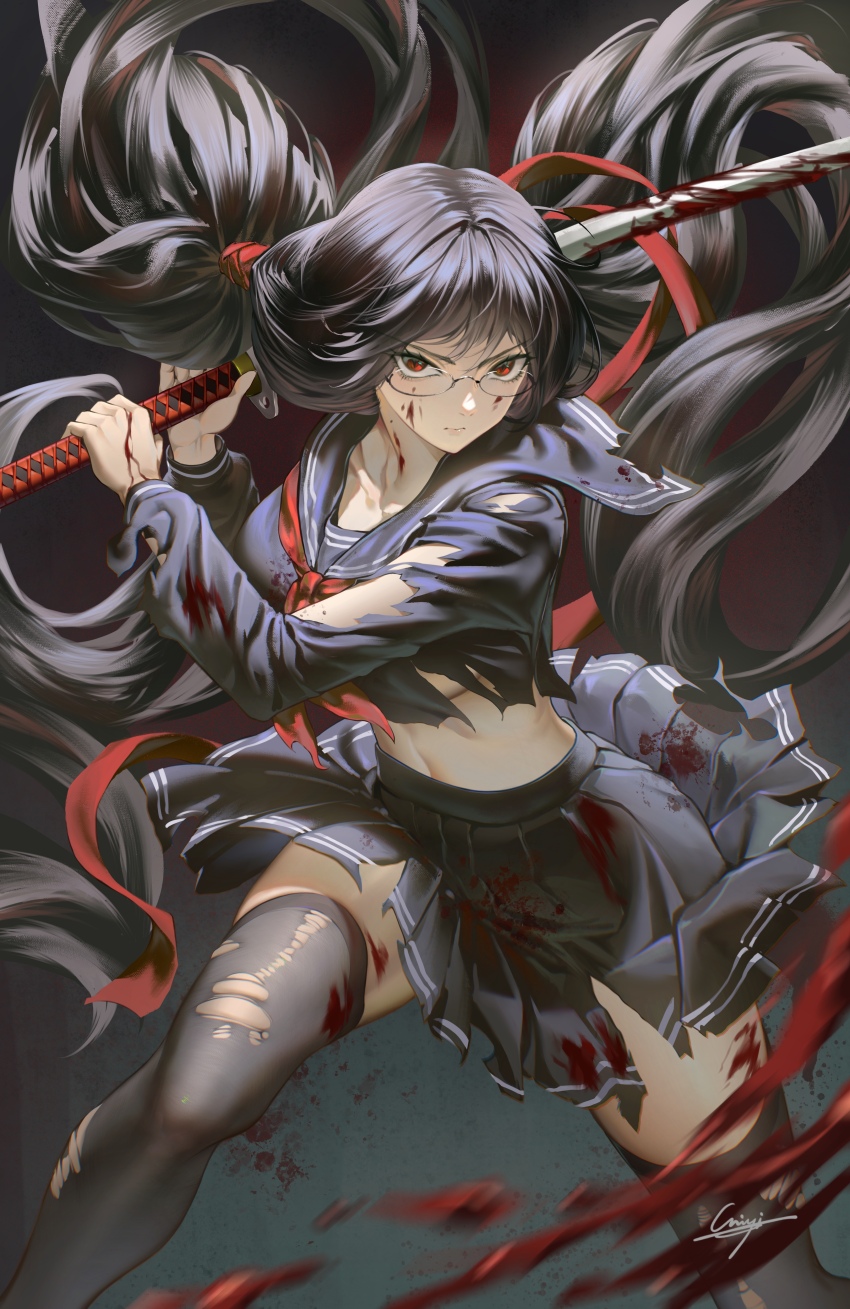 1girl absurdres black_hair black_thighhighs blood blood-c blood_on_face glasses highres holding holding_sword holding_weapon katana kisaragi_saya long_hair looking_at_viewer pleated_skirt qinyi_chinyi red_eyes red_ribbon ribbon school_uniform serious signature skirt solo sword thighhighs torn_clothes torn_thighhighs twintails weapon